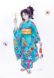 girl holding sparkler in turquoise yellow and pink kimono