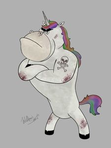 gruff and buff looking unicorn with rainbow hair and skull tattoo standing crossarmed looking menacing